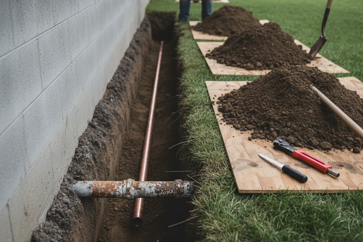 Excavated water line trench during Water Softener Installation in Gibsonville